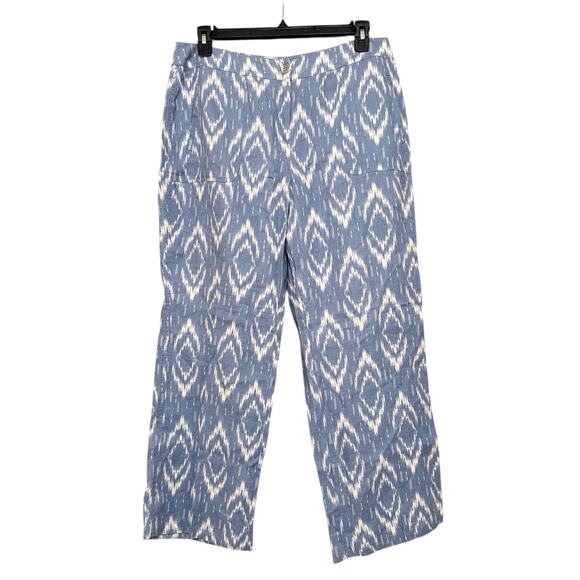 Chico's Sz 2 Large / 12 Blue 100% Linen Ikat Pants Coastal Beachy Lightweight - Picture 2 of 6